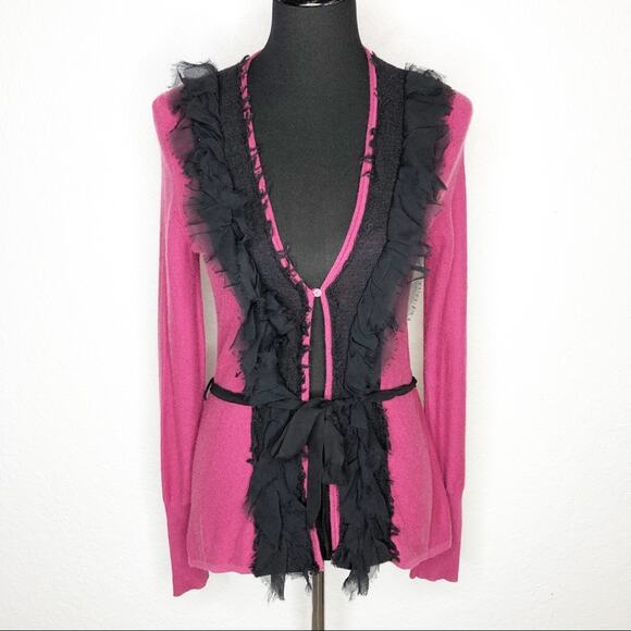 Tracy Reese New York dark pink black ruffle trim belted cardigan size Small - Picture 1 of 16